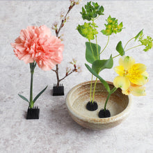 Load image into Gallery viewer, Mini black kenzan with flowers and an Ikebana bowl
