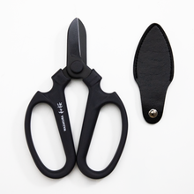 Load image into Gallery viewer, Black blade floral scissors and leather blade cover 
