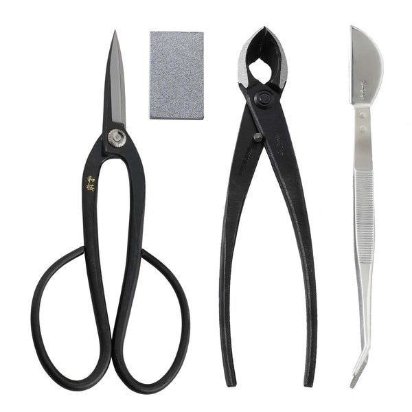 4PCS Japanese Bonsai Essential Kit [ Yasugi Steel Ashinaga Scissors + Concave Cutter + Tweezers + Sap Eraser ] - Wazakura Japan