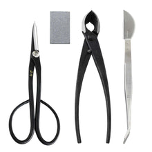Load image into Gallery viewer, 4PCS Japanese Bonsai Essential Kit [ Yasugi Steel Satsuki Scissors + Concave Cutter + Tweezers + Sap Eraser ] - Wazakura Japan
